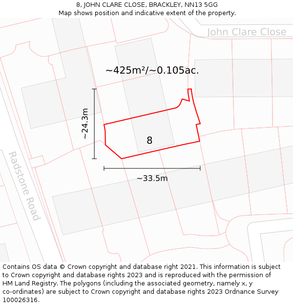 8, JOHN CLARE CLOSE, BRACKLEY, NN13 5GG: Plot and title map