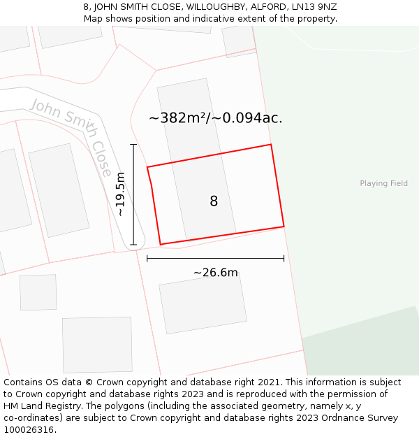 8, JOHN SMITH CLOSE, WILLOUGHBY, ALFORD, LN13 9NZ: Plot and title map