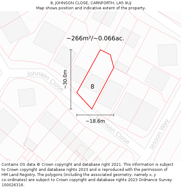 8, JOHNSON CLOSE, CARNFORTH, LA5 9UJ: Plot and title map