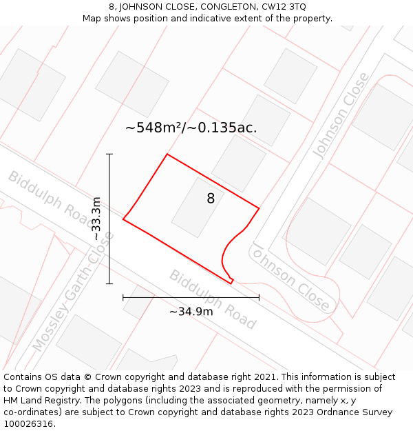 8, JOHNSON CLOSE, CONGLETON, CW12 3TQ: Plot and title map