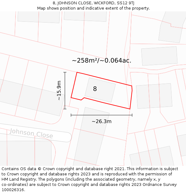 8, JOHNSON CLOSE, WICKFORD, SS12 9TJ: Plot and title map
