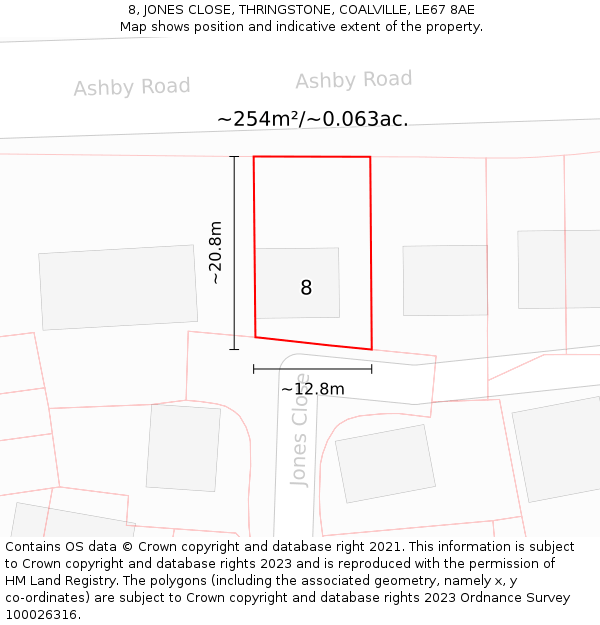 8, JONES CLOSE, THRINGSTONE, COALVILLE, LE67 8AE: Plot and title map