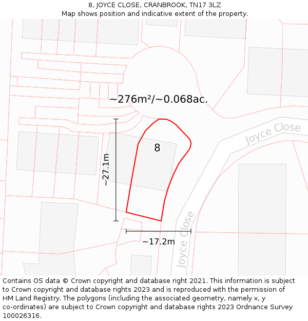 8, JOYCE CLOSE, CRANBROOK, TN17 3LZ: Plot and title map