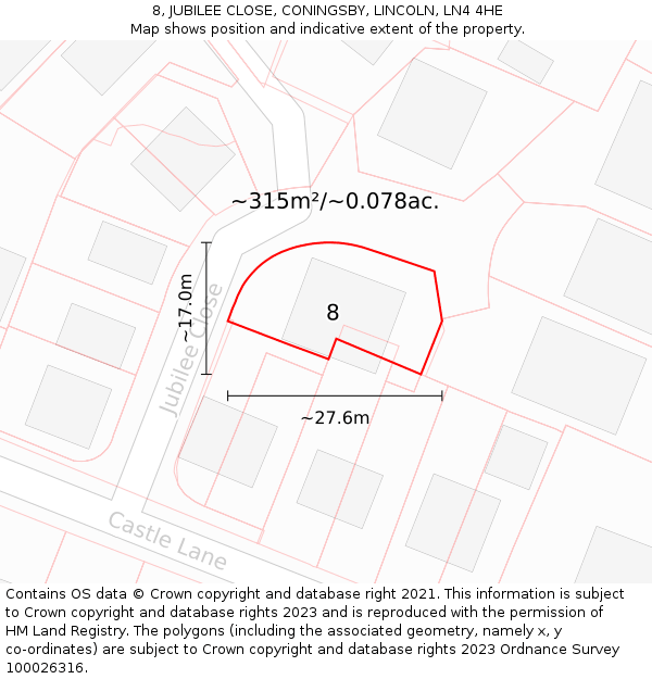 8, JUBILEE CLOSE, CONINGSBY, LINCOLN, LN4 4HE: Plot and title map