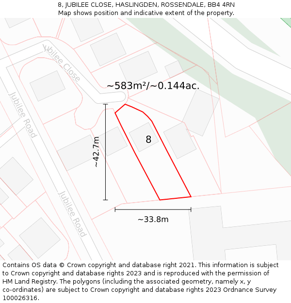 8, JUBILEE CLOSE, HASLINGDEN, ROSSENDALE, BB4 4RN: Plot and title map