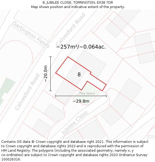8, JUBILEE CLOSE, TORRINGTON, EX38 7DR: Plot and title map