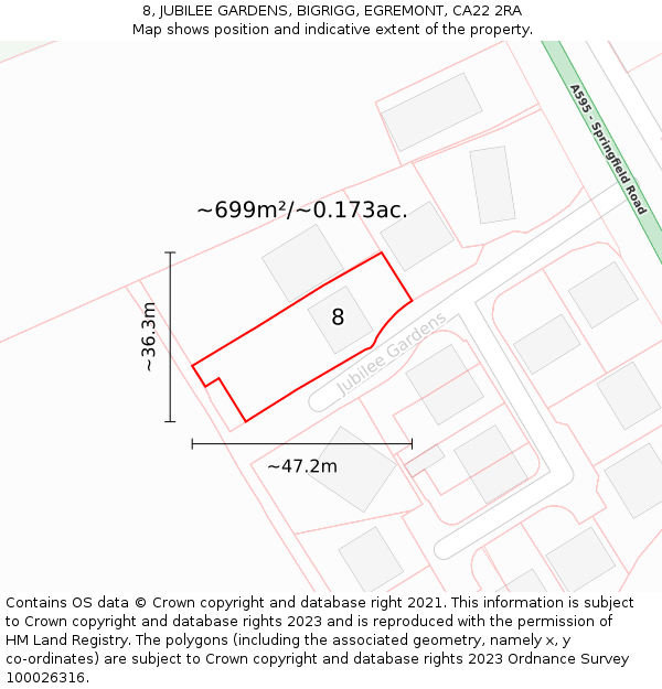 8, JUBILEE GARDENS, BIGRIGG, EGREMONT, CA22 2RA: Plot and title map