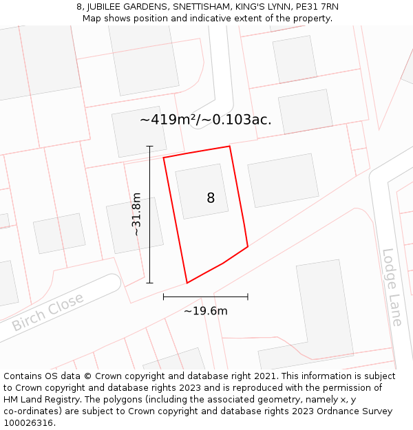 8, JUBILEE GARDENS, SNETTISHAM, KING'S LYNN, PE31 7RN: Plot and title map