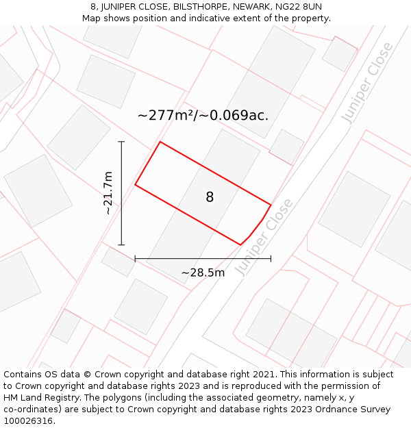 8, JUNIPER CLOSE, BILSTHORPE, NEWARK, NG22 8UN: Plot and title map