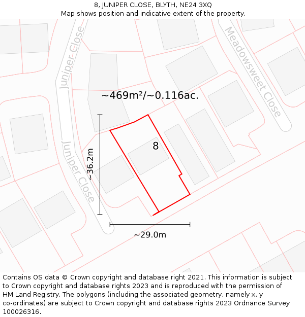 8, JUNIPER CLOSE, BLYTH, NE24 3XQ: Plot and title map