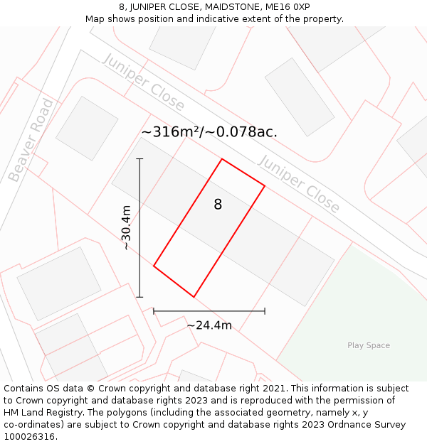 8, JUNIPER CLOSE, MAIDSTONE, ME16 0XP: Plot and title map