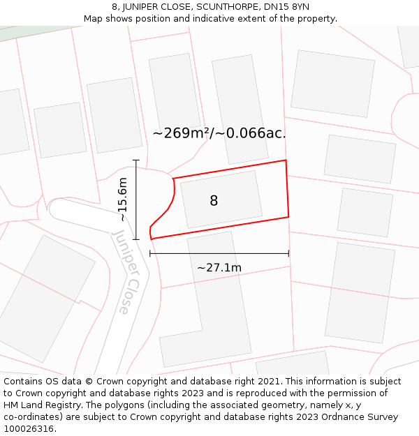 8, JUNIPER CLOSE, SCUNTHORPE, DN15 8YN: Plot and title map
