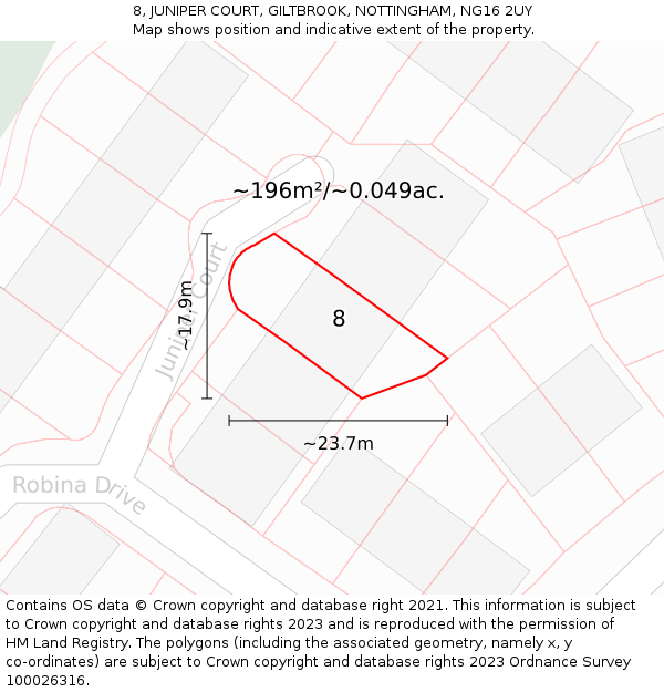 8, JUNIPER COURT, GILTBROOK, NOTTINGHAM, NG16 2UY: Plot and title map