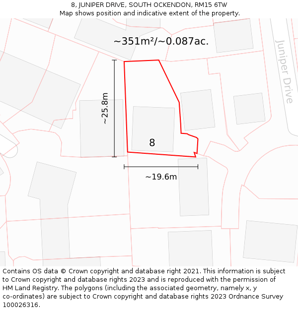 8, JUNIPER DRIVE, SOUTH OCKENDON, RM15 6TW: Plot and title map