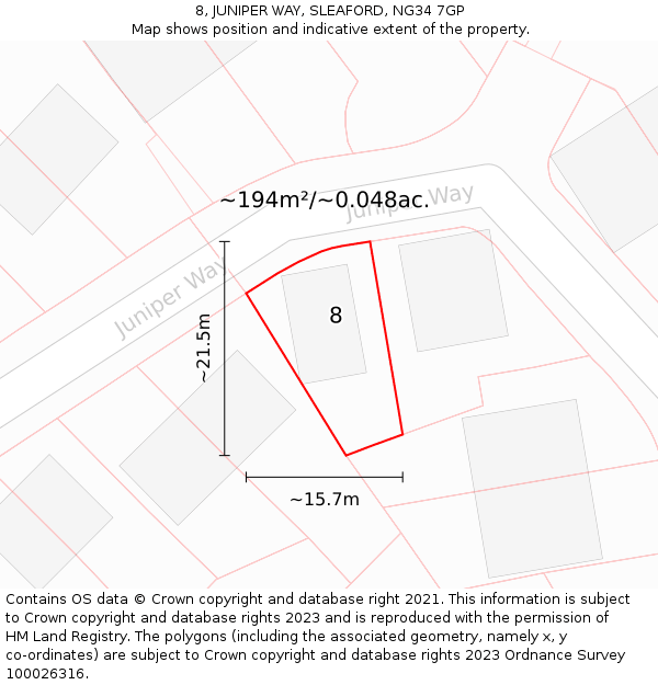 8, JUNIPER WAY, SLEAFORD, NG34 7GP: Plot and title map