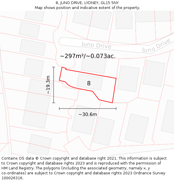 8, JUNO DRIVE, LYDNEY, GL15 5NY: Plot and title map