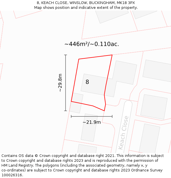 8, KEACH CLOSE, WINSLOW, BUCKINGHAM, MK18 3PX: Plot and title map