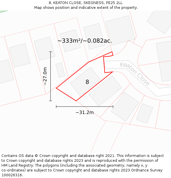8, KEATON CLOSE, SKEGNESS, PE25 2LL: Plot and title map