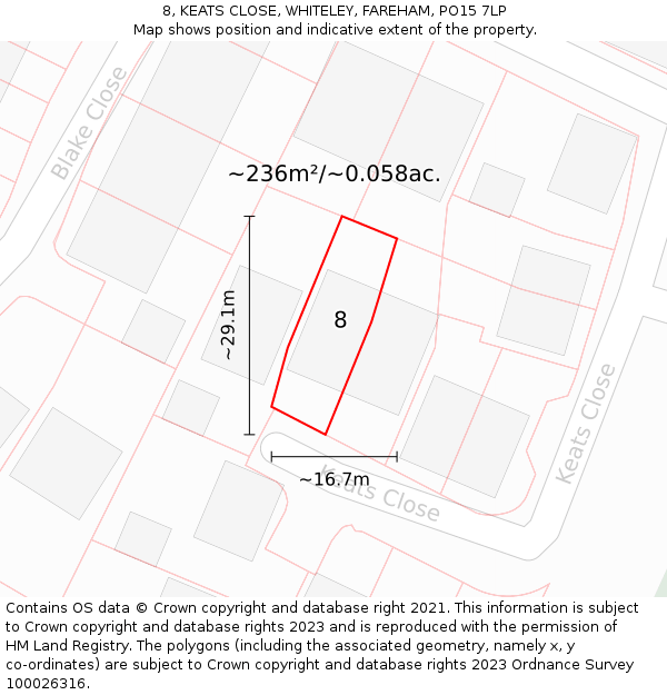 8, KEATS CLOSE, WHITELEY, FAREHAM, PO15 7LP: Plot and title map