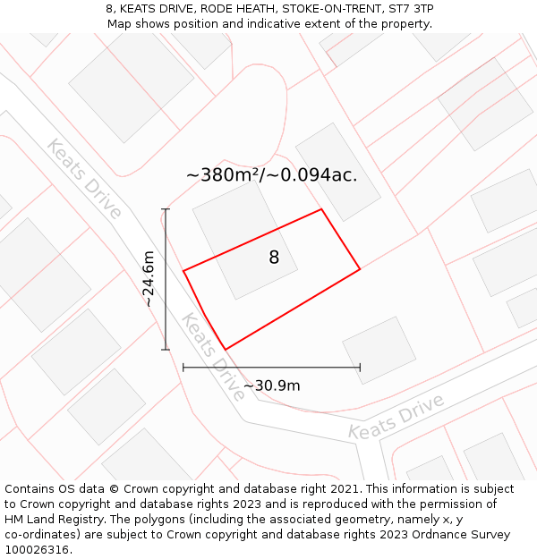 8, KEATS DRIVE, RODE HEATH, STOKE-ON-TRENT, ST7 3TP: Plot and title map