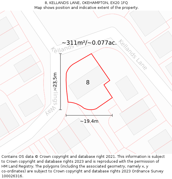 8, KELLANDS LANE, OKEHAMPTON, EX20 1FQ: Plot and title map