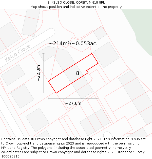 8, KELSO CLOSE, CORBY, NN18 8RL: Plot and title map