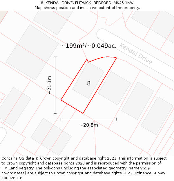 8, KENDAL DRIVE, FLITWICK, BEDFORD, MK45 1NW: Plot and title map