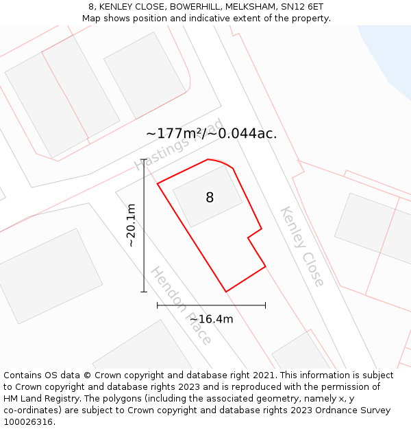 8, KENLEY CLOSE, BOWERHILL, MELKSHAM, SN12 6ET: Plot and title map