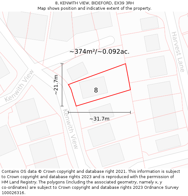 8, KENWITH VIEW, BIDEFORD, EX39 3RH: Plot and title map