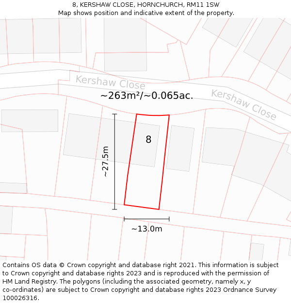 8, KERSHAW CLOSE, HORNCHURCH, RM11 1SW: Plot and title map