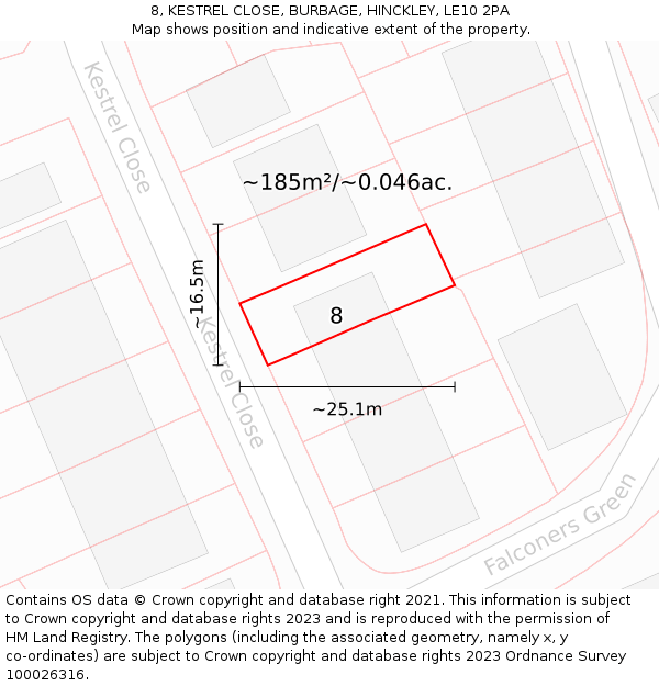 8, KESTREL CLOSE, BURBAGE, HINCKLEY, LE10 2PA: Plot and title map