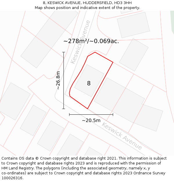 8, KESWICK AVENUE, HUDDERSFIELD, HD3 3HH: Plot and title map