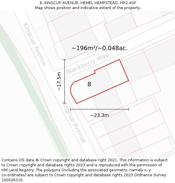 8, KINGCUP AVENUE, HEMEL HEMPSTEAD, HP2 4GF: Plot and title map