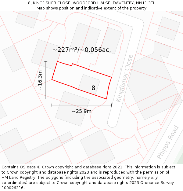 8, KINGFISHER CLOSE, WOODFORD HALSE, DAVENTRY, NN11 3EL: Plot and title map