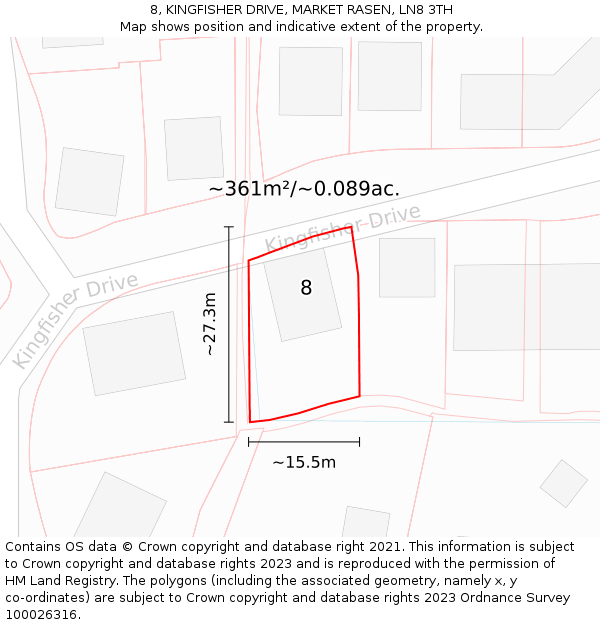 8, KINGFISHER DRIVE, MARKET RASEN, LN8 3TH: Plot and title map