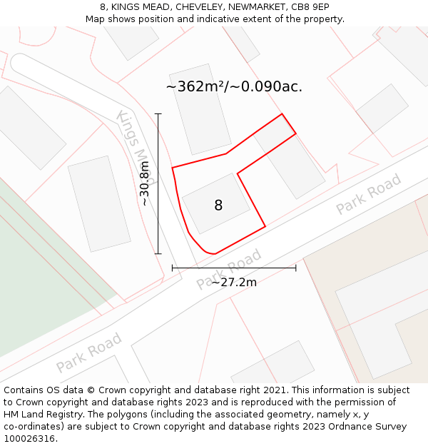 8, KINGS MEAD, CHEVELEY, NEWMARKET, CB8 9EP: Plot and title map