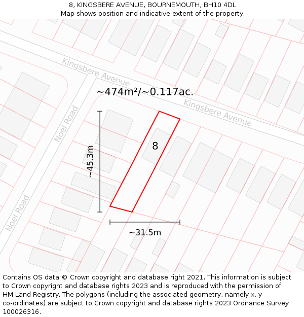 8, KINGSBERE AVENUE, BOURNEMOUTH, BH10 4DL: Plot and title map