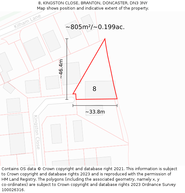 8, KINGSTON CLOSE, BRANTON, DONCASTER, DN3 3NY: Plot and title map