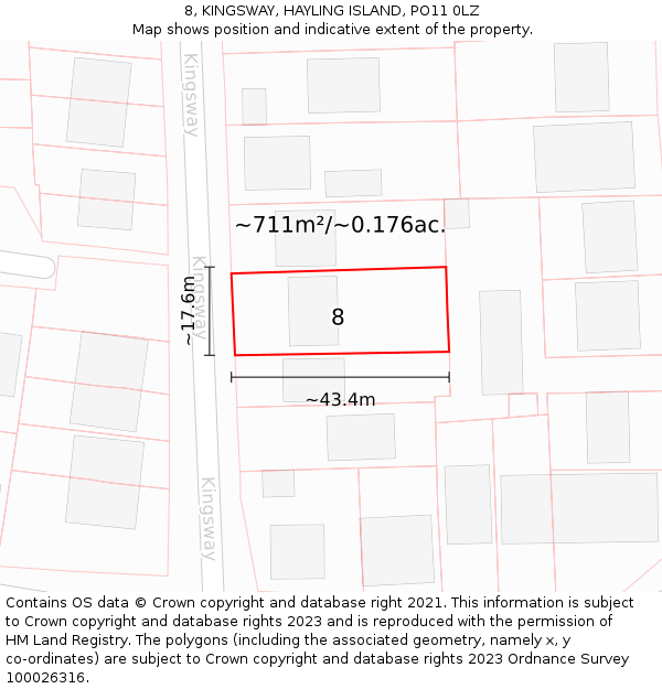 8, KINGSWAY, HAYLING ISLAND, PO11 0LZ: Plot and title map