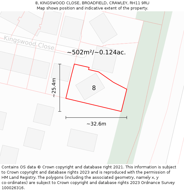 8, KINGSWOOD CLOSE, BROADFIELD, CRAWLEY, RH11 9RU: Plot and title map