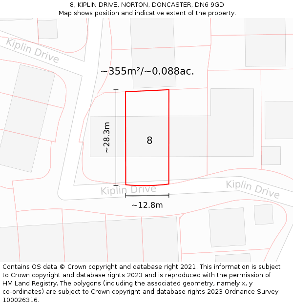 8, KIPLIN DRIVE, NORTON, DONCASTER, DN6 9GD: Plot and title map