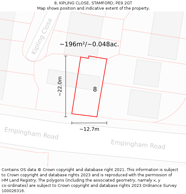 8, KIPLING CLOSE, STAMFORD, PE9 2GT: Plot and title map