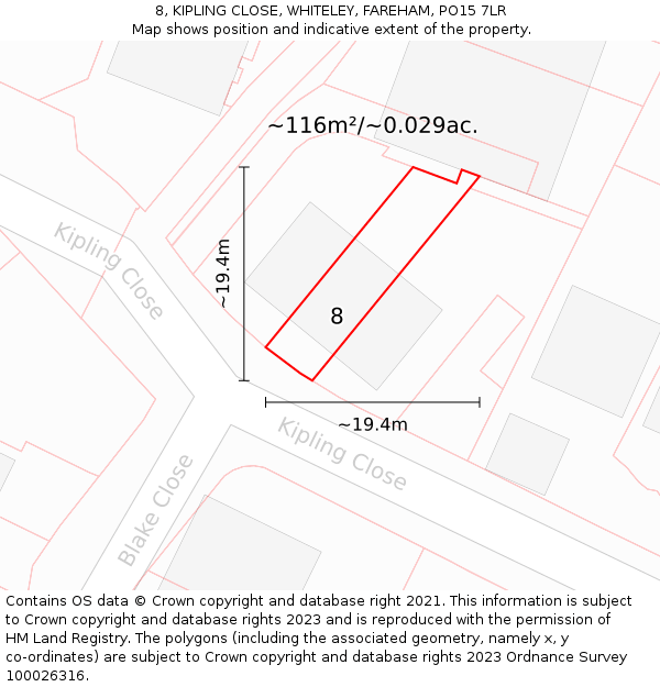 8, KIPLING CLOSE, WHITELEY, FAREHAM, PO15 7LR: Plot and title map