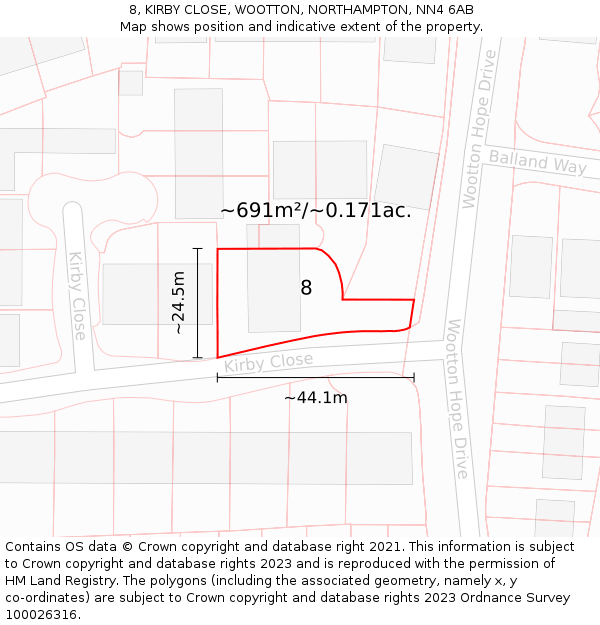 8, KIRBY CLOSE, WOOTTON, NORTHAMPTON, NN4 6AB: Plot and title map