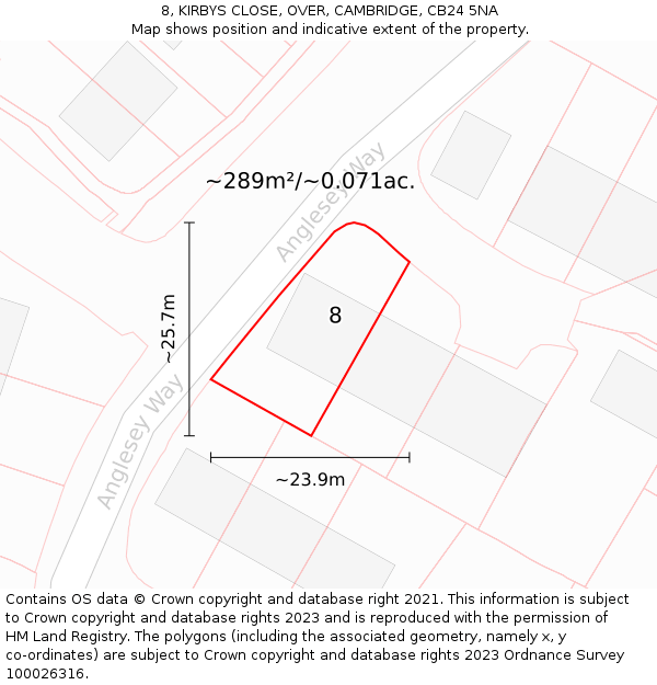 8, KIRBYS CLOSE, OVER, CAMBRIDGE, CB24 5NA: Plot and title map
