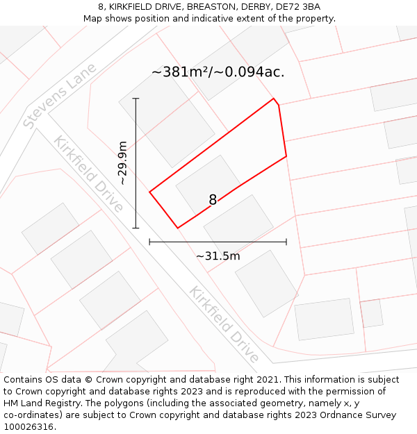8, KIRKFIELD DRIVE, BREASTON, DERBY, DE72 3BA: Plot and title map