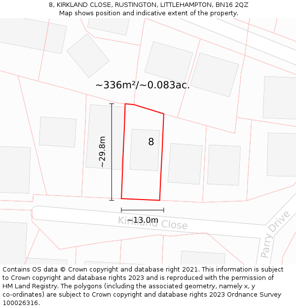 8, KIRKLAND CLOSE, RUSTINGTON, LITTLEHAMPTON, BN16 2QZ: Plot and title map