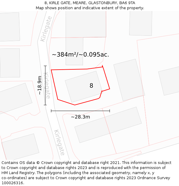 8, KIRLE GATE, MEARE, GLASTONBURY, BA6 9TA: Plot and title map