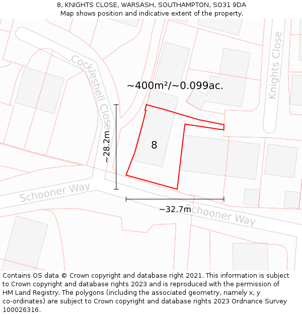 8, KNIGHTS CLOSE, WARSASH, SOUTHAMPTON, SO31 9DA: Plot and title map