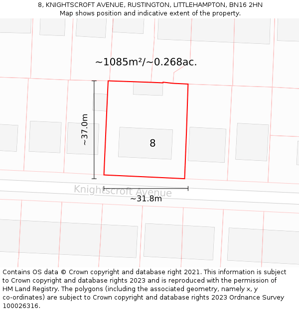 8, KNIGHTSCROFT AVENUE, RUSTINGTON, LITTLEHAMPTON, BN16 2HN: Plot and title map
